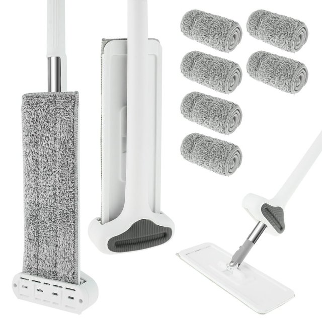 Balai Plat en Microfibre avec 6 Tampons en Microfibre Lavables, Balai Plat Rotatif à 360°, Balai à Poussière Auto-Essorant avec Grattoir d'Arrosage, Utilisation Humide et Sèche pour Cuisine Maison