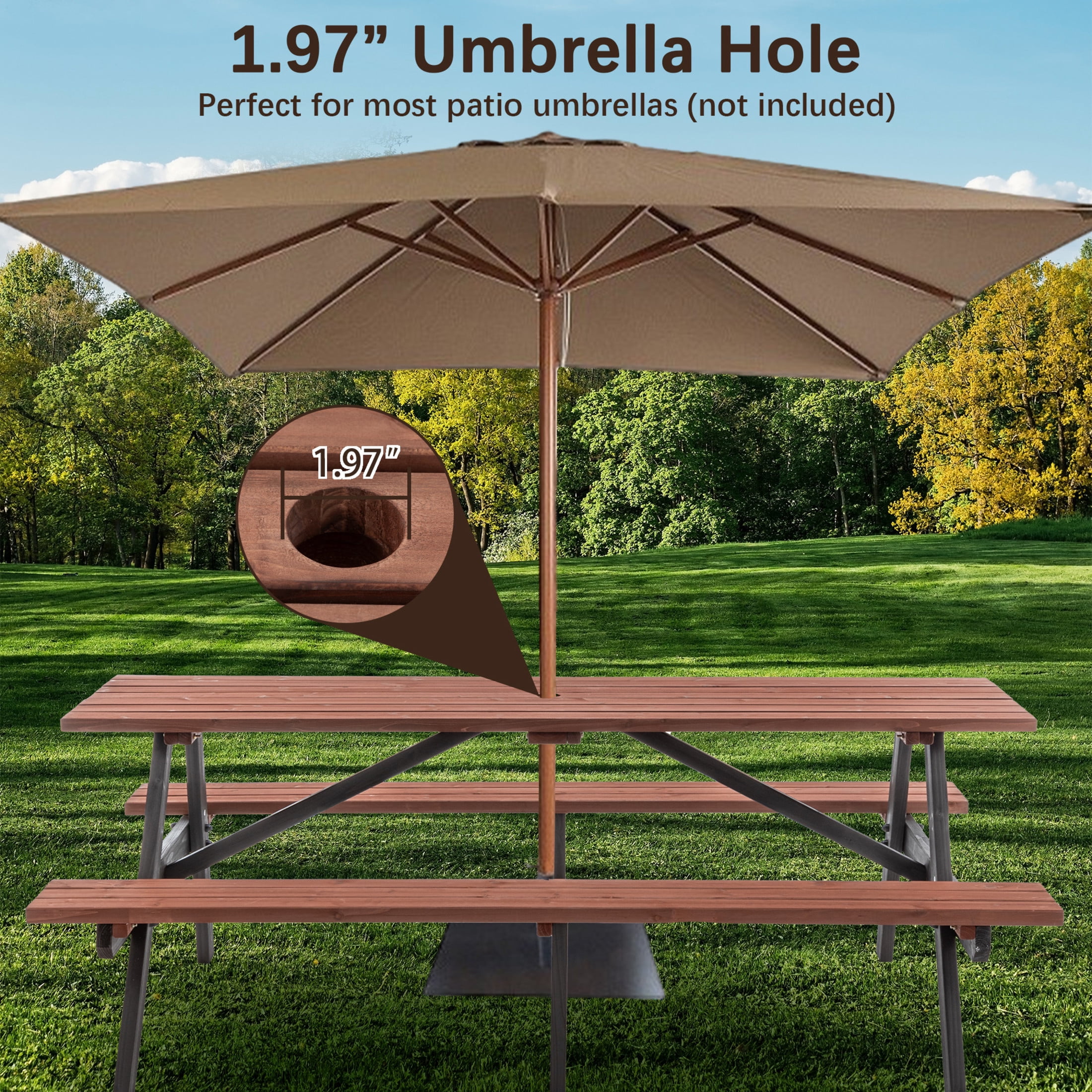 Noble House Arboris 8-Seat Outdoor Fir Wood Picnic Set, Heavy-Duty Patio Picnic Table with Built-in Benches, Brown