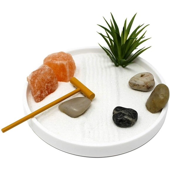 ERDS-Mini Zen Garden Kit for Desk with Rake, White Sand, White Round Base, Salt Rock, River Rocks and Air Plant, (6Lx6W Round W)