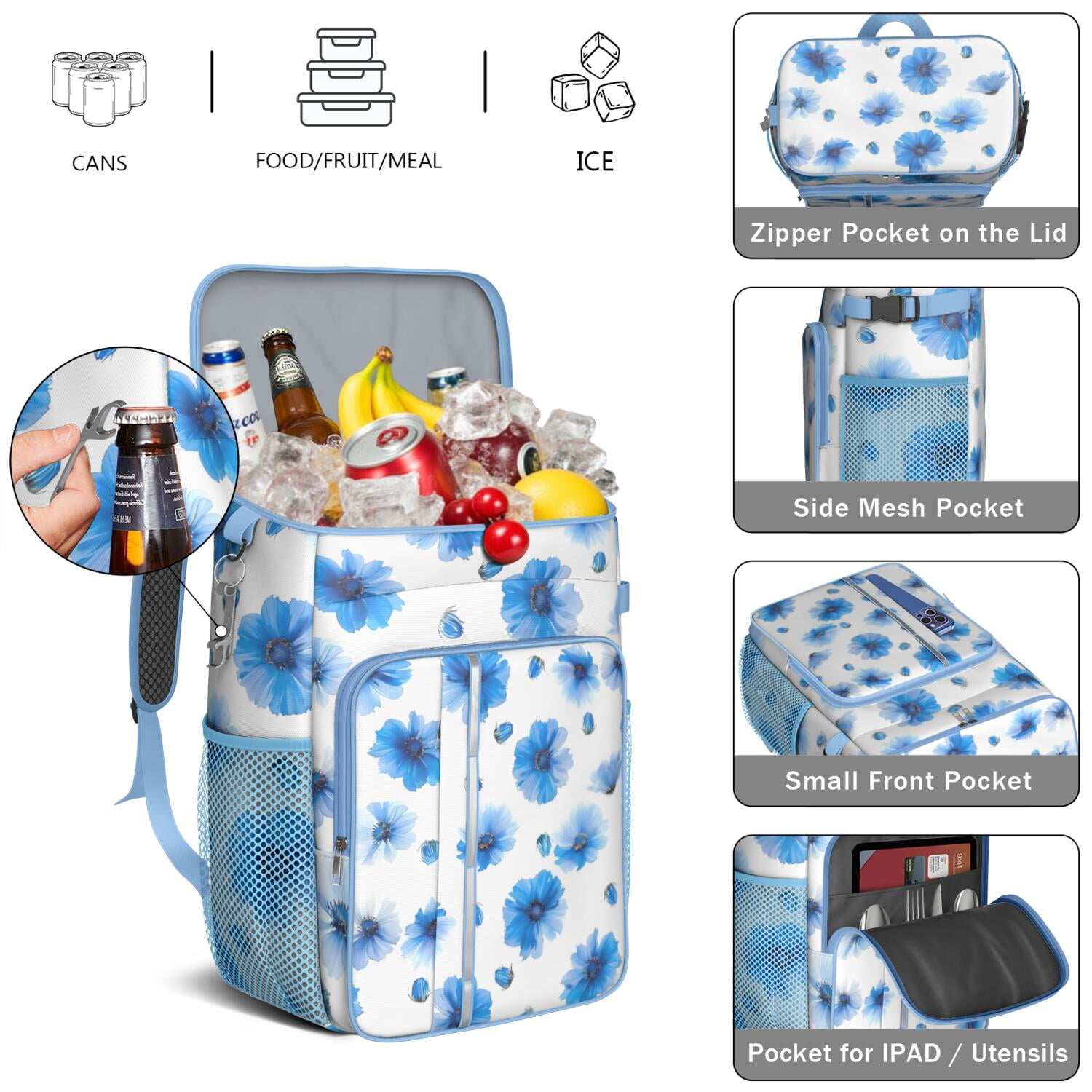 Travel Cooler Bag - Pioneer Flower Floral Print Pattern Camping Beer Cooler Backpack with Bottle Opener- Waterproof Insulated Picnic Backpacks - Cooler Bag for Beach