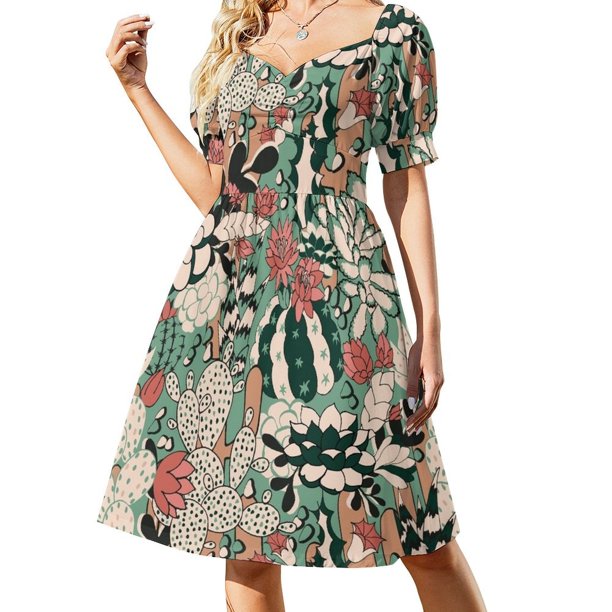 Vestido de manga corta con cactus y suculentas, vestido de fiesta, cóctel de vestidos, elegante vestido de novia para invitadas.