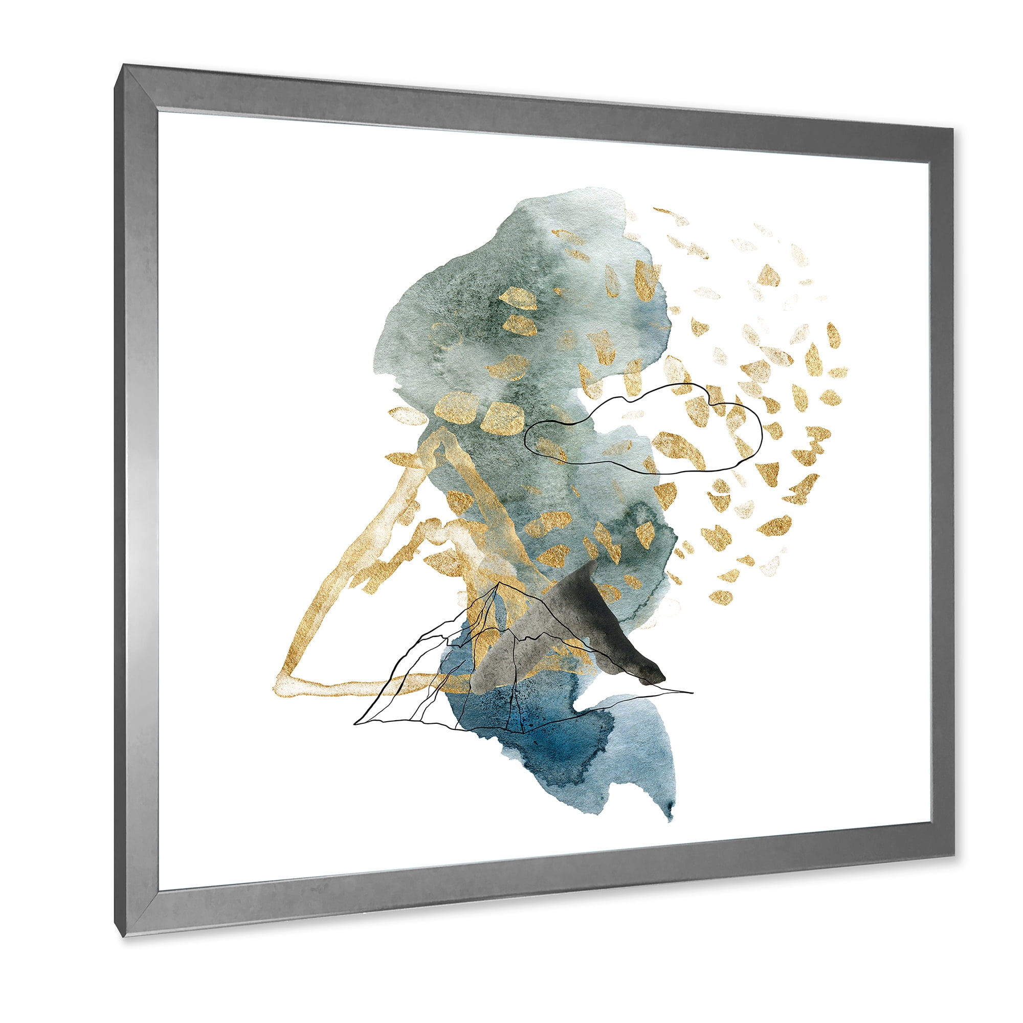 Designart 'Gold Strokes and Landscape of Dark Blue Mountains I' Modern Framed Art Print