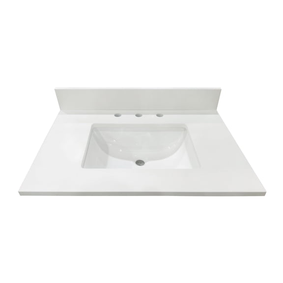 31x22 Inch Bathroom Vanity Top, Snow White Quartz with Undermount Porcelain Sink, 0.75" Thick (¾") and 4" High Backsplash, Pre-Drilled 8" Widespread Faucet Holes