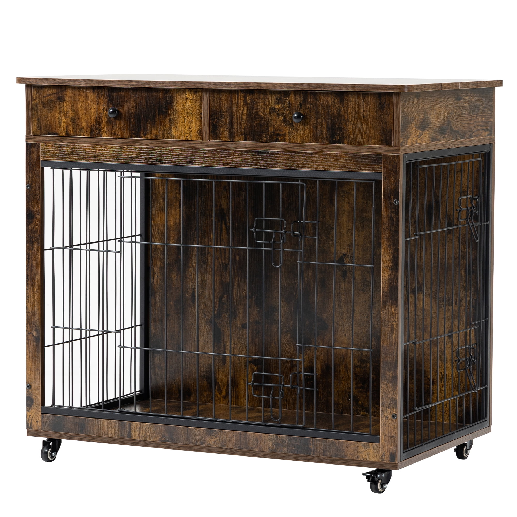 Pefilos 31" Wooden Dog Crate Furniture with 2 Drawers Storage, Indoor Dog Kennel, Heavy Duty Dog Cage for Small, Brown Pefilos 31" Wooden Dog Crate Furniture with 2 Drawers Storage, Indoor Dog Kennel, Heavy Duty Dog Cage for Small, Brown