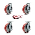 thumbnail image 2 of 8 Inch Red Poly on Cast Iron Swivel Caster Set with Ball Bearings and Brakes SCC, 2 of 2