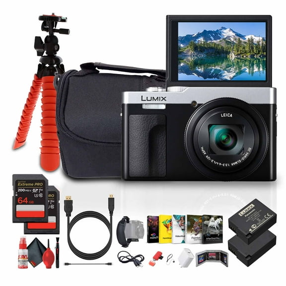 Panasonic TZ99 / ZS99 Point and Shoot Compact Travel Digital Camera (Silver) (DC-TZ99E-S)   Photo Software   2 x 64GB Card   DMW-BLG10 Battery   Camera Bag   Flexible Tripod   USB-C Cable   More