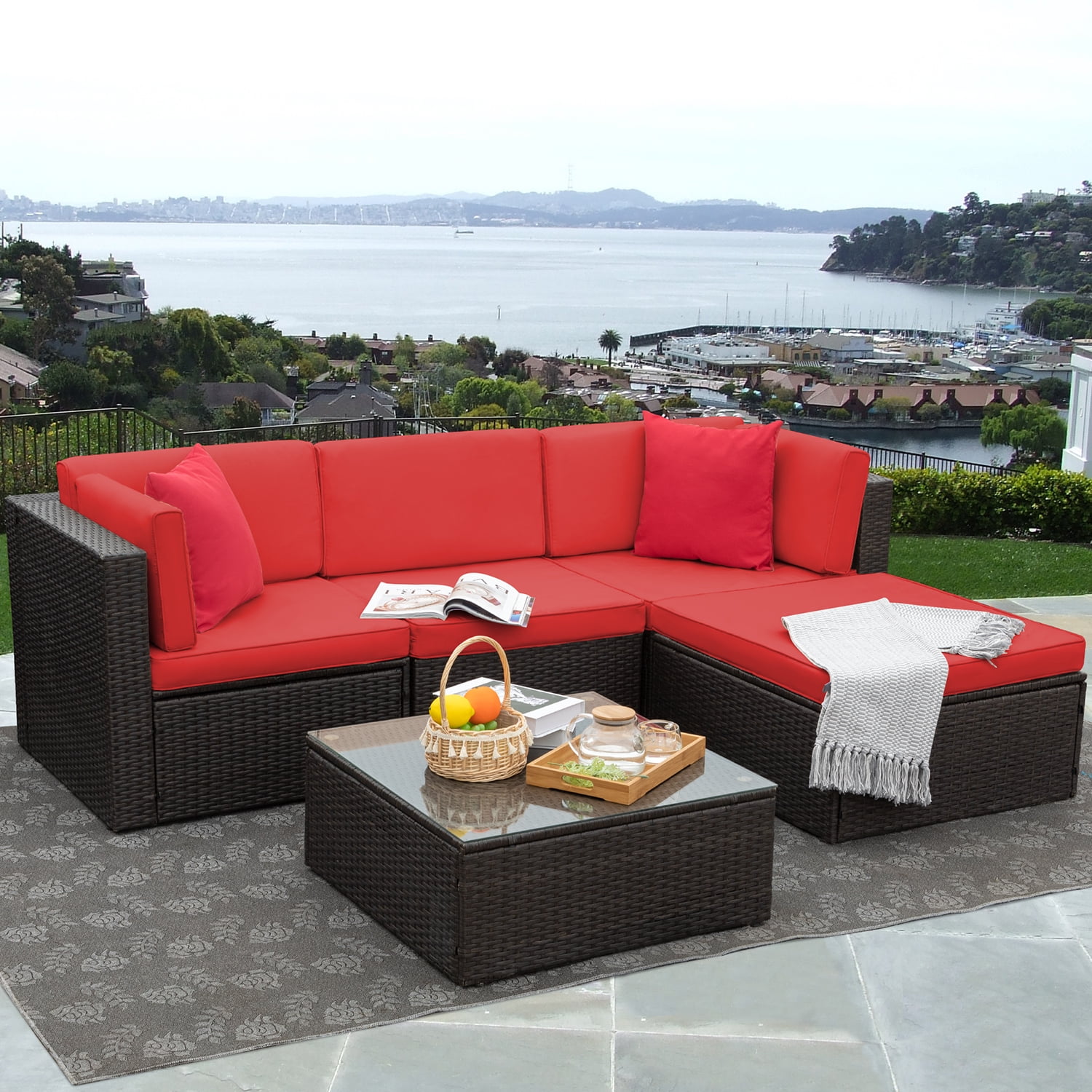 LACOO 5 Pieces Patio Conversation Set Rattan Outdoor Sectional Set with Chushions and Table(Red)