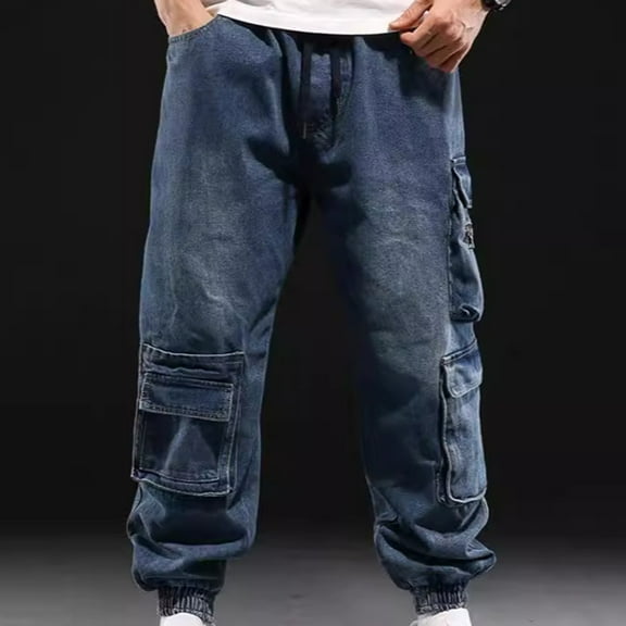 UVEASISHA Jogger Jeans for Men Big and Tall Cargo Pants Y2K Hip Hop Denim Pants Baggy Casual Flap Pockets Work Pants with Elastic Ankle Cuffs Prime Sales Today Blue L