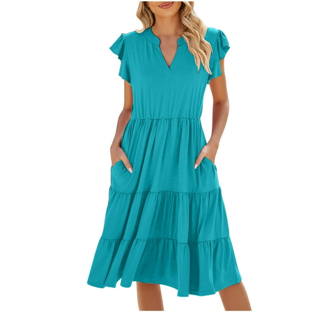 Abcnature Robe d'Été Décontractée Chic à Col en V pour Femmes avec Manches Courtes à Volants Longueur Midi Respirante Confortable Robe Unie pour Tendance Mode 2025