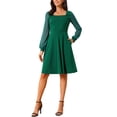 thumbnail image 1 of Vestido casual de longitud a la rodilla con cuello cuadrado y mangas largas de puntos suizos para mujer INSPIRE CHIC con bolsillos M Verde oscuro, 1 of 5