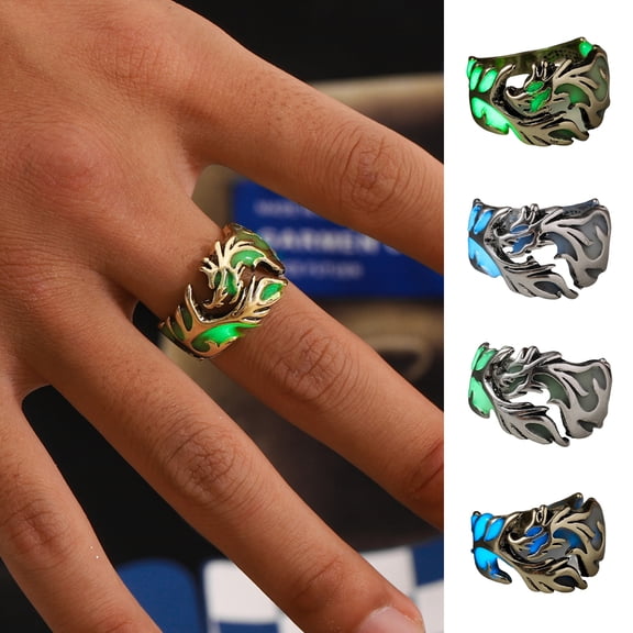 SmartBy Finger Ring Glow in The Dark Adjustable Electroplating Carving Geometric Decoration Fashion Item Men Luminous Dragon Ring Jewelry Accessory