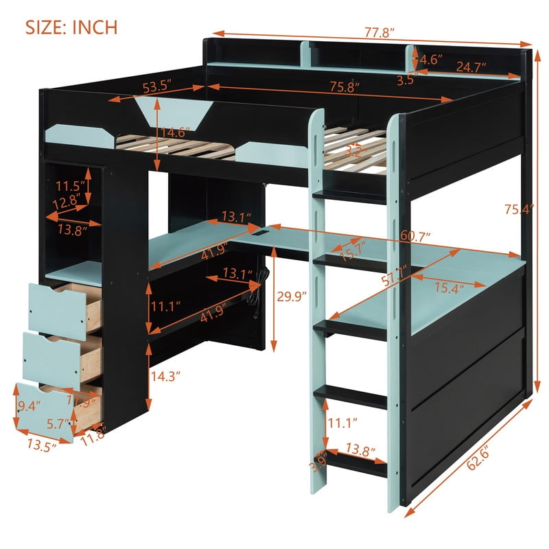 Full Size Gaming Loft Bed with U-Shaped Desk, RGB LED Lights & Charge Station, High Profile Storage Bed Frame with Drawers & Shelves
