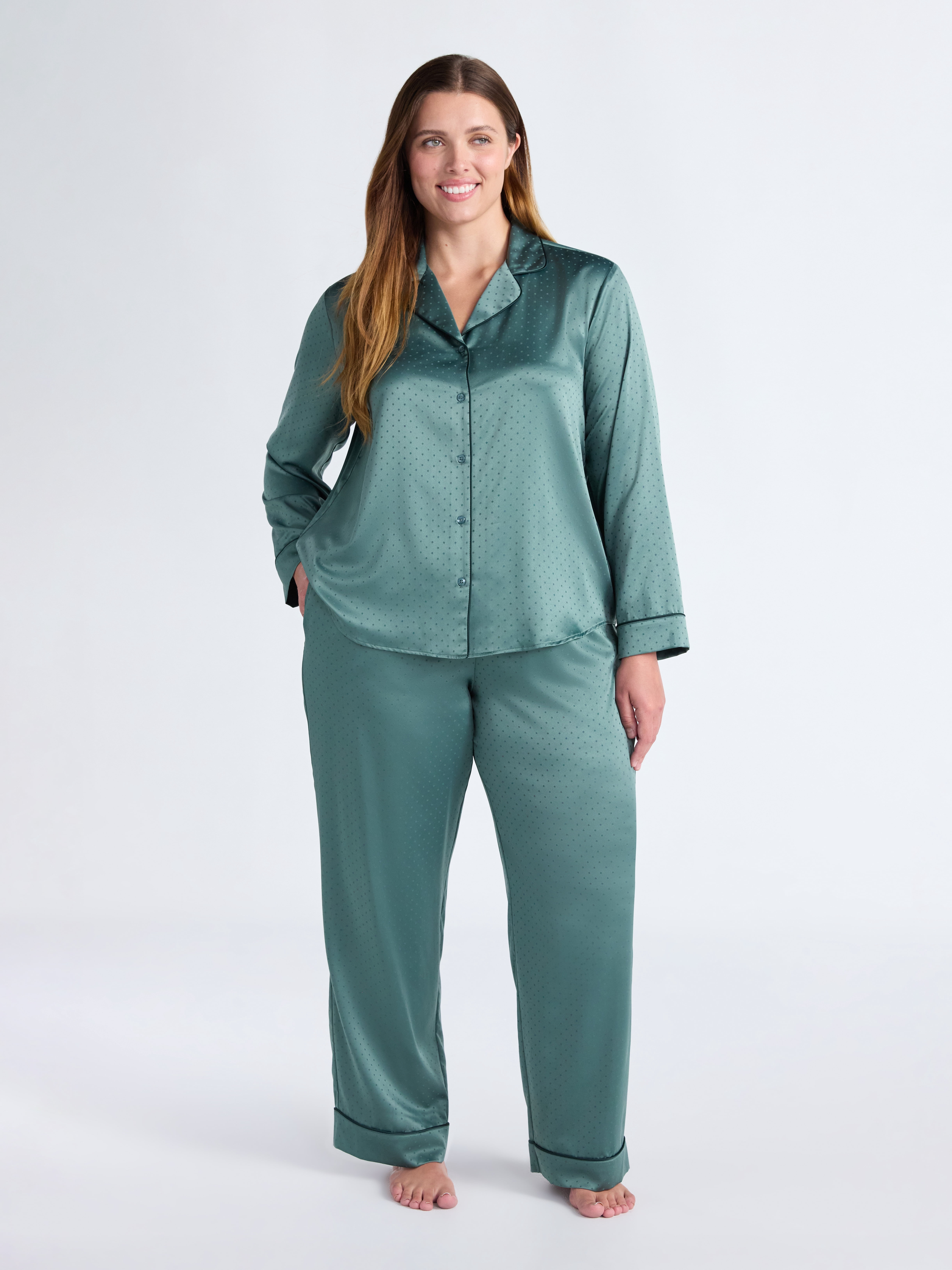 Joyspun Women’s Stretch Satin Notch Long Sleeve Top and Pant Pajama Set, Sizes XS to 3X