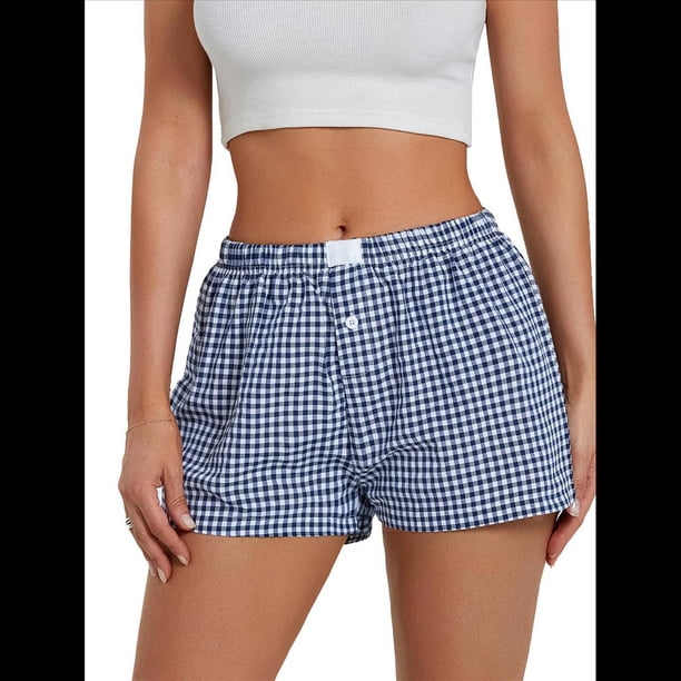 Pantalones Cortos de Pijama A Cuadros Y2K para Mujer, Bóxers Elásticos, Ropa de Calle Azul M