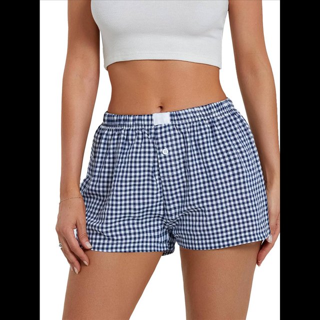 Pantalones Cortos de Pijama A Cuadros Y2K para Mujer, Bóxers Elásticos, Ropa de Calle Azul M