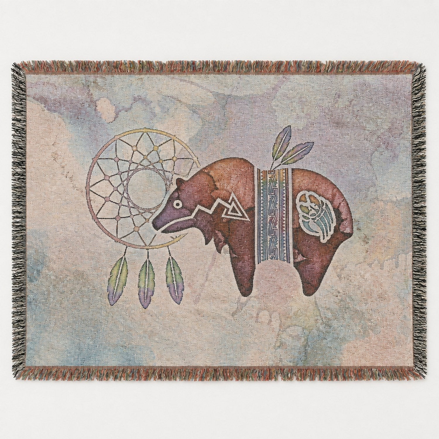 Dreamcatcher Bear Pastel Multicolor Woven Cotton Throw Blanket with Fringe Southwestern Home Decor