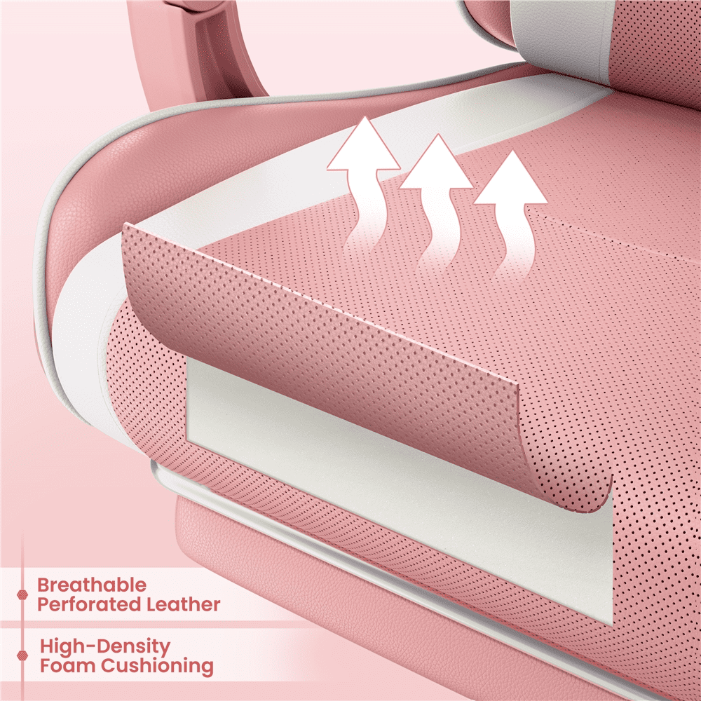 Alden Design Ergonomic High Back Gaming Chair with Massage Lumbar Pillow, Pink/White