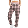 thumbnail image 2 of COSFO Casual Women's Sweatpants Plaid Pink Elastic Waist Joggers Taper Pants Drawstring Loose Adjustable Width Pants, 2 of 5