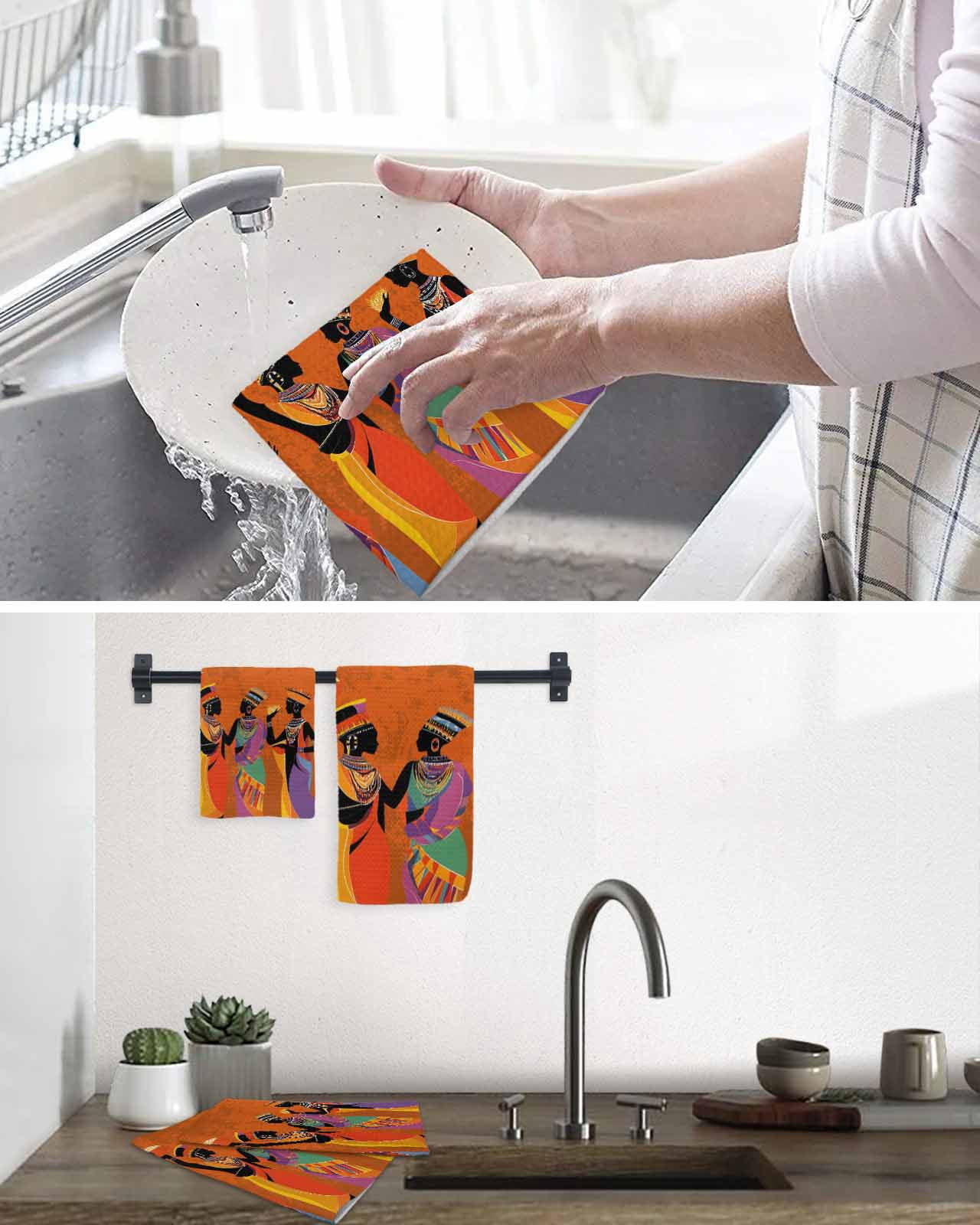 Black Orange Girls Boho Hand Towels Set, Waffle Weave Kitchen Towels 4 Pieces, Retro Ethnic Abstract Art Microfiber Hair Face Bath Tea Towel Absorbent Quick Drying Cleaning Dish Cloths 15.7"x23.6"