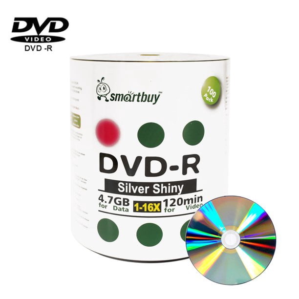 100 Pack Smartbuy 16X DVD-R 4.7GB 120Min Shiny Silver (Non-Printable) Data Blank Media ...