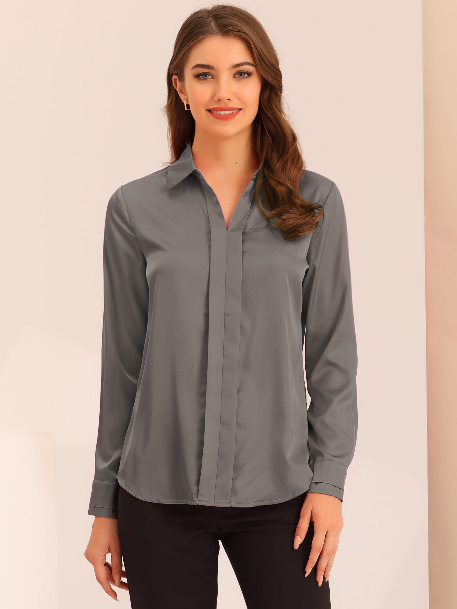 DARING DIVA Women's V Neck Classic Work Office Long Sleeve Shirt M Gray