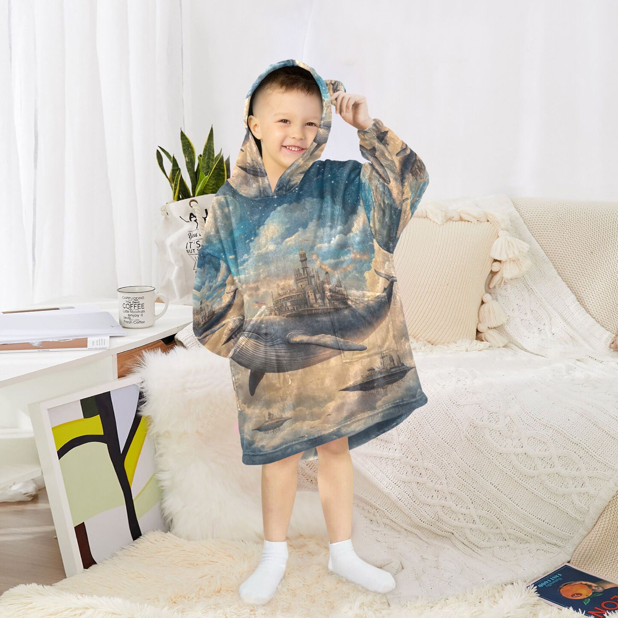 FORMRS Wearable Blanket Hoodie with Sleeves for Kids Cozy Flannel Sweatshirt, Floating Whale