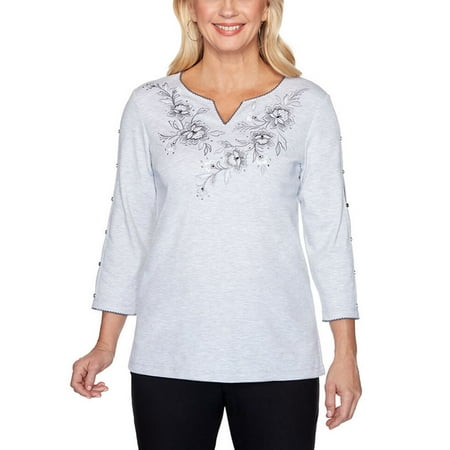 Alfred Dunner Women's Riverside Drive Floral Yoke Knit Top, Grey, Small
