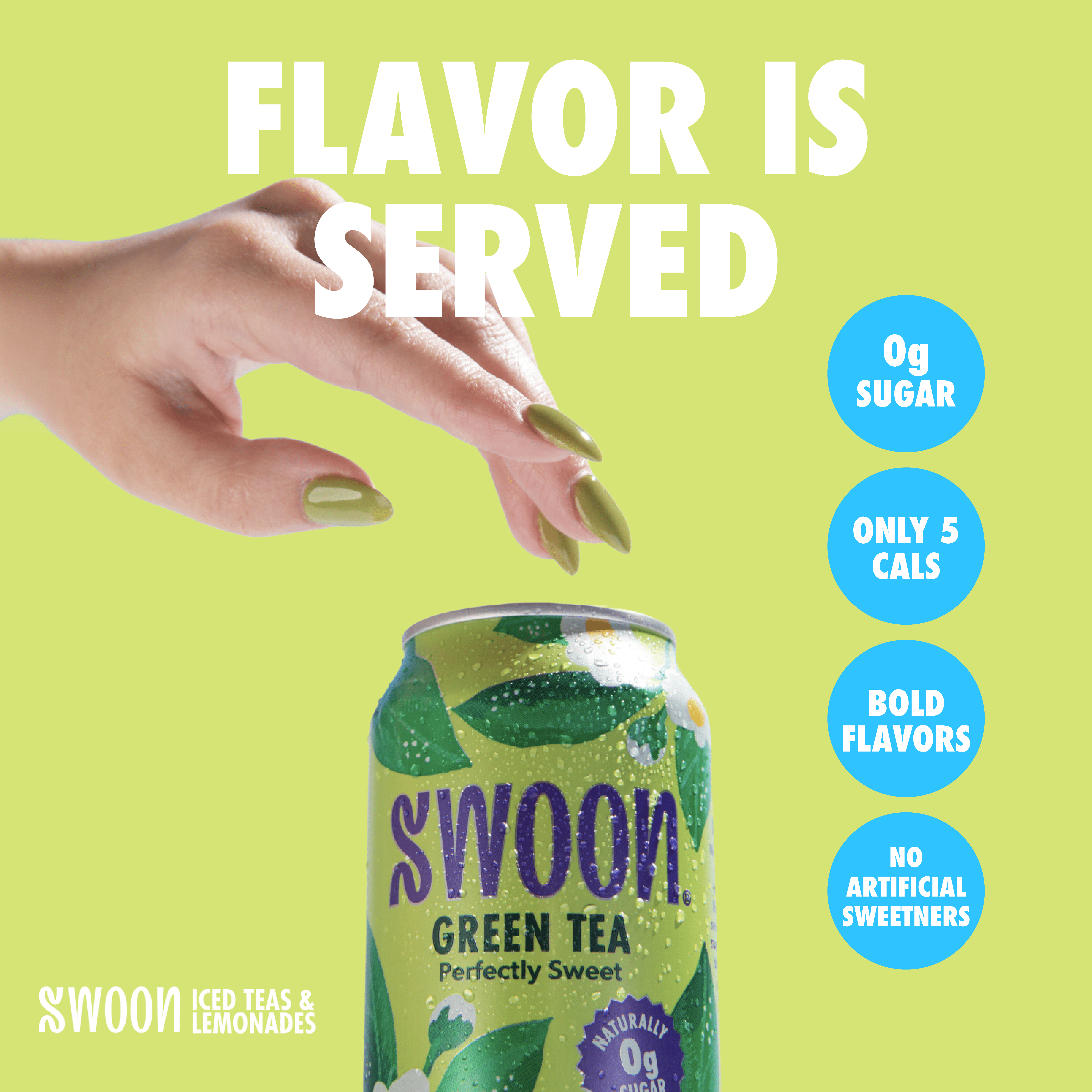 (12 pack) Swoon Zero Sugar Perfectly Sweet Green Tea, 5 Calories, Sugar Free, 12 fl oz Can