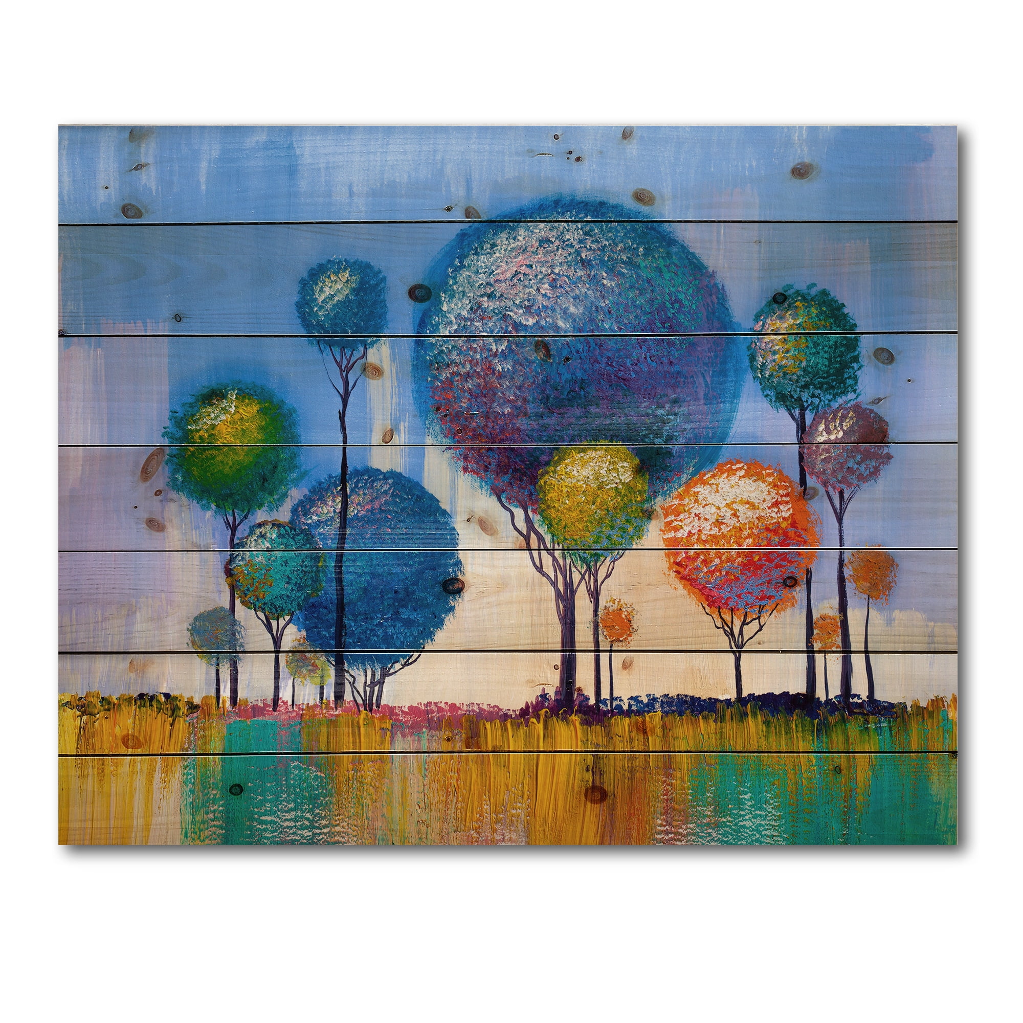 Designart 'Colourful Landscape Trees Impressionist I' Modern Print on Natural Pine Wood