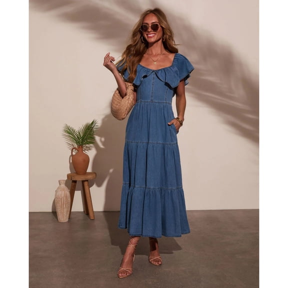 Women's fashionable loose round neck ruffled flared denim dress