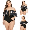 thumbnail image 2 of Plus Size Swimsuit for Women Tummy Control Beachwear Elegant Floral Print Stretchy Monokini Ruffle Patchwork Strap Swimwear V Neck Drawstring Swimdress Casual One Piece Bathing Suit, 2 of 9
