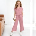 thumbnail image 3 of Zpanxa Girls V Neck Henley Short Sleeve Top Wide Leg Pants Set Casual Two Piece Outfit Toddler Pink 13 Years, 3 of 9