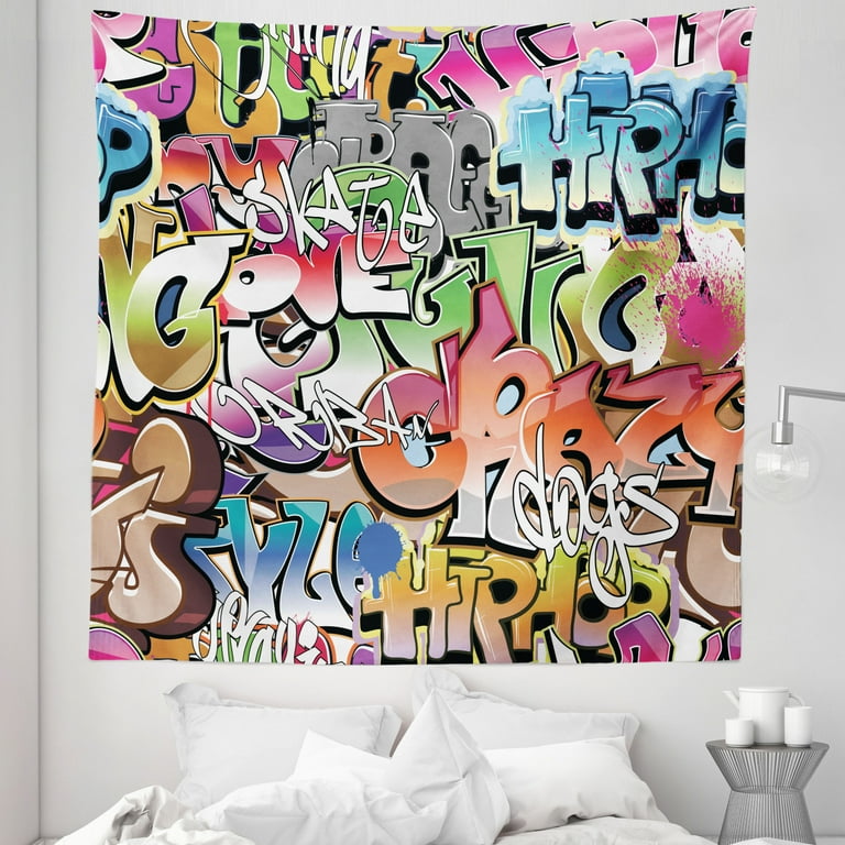 Urban Graffiti Tapestry Blockbuster Style Graffiti Sprayed Overlapping Blocky Letters Street Art Fabric Wall Hanging Decor for Bedroom Living Room