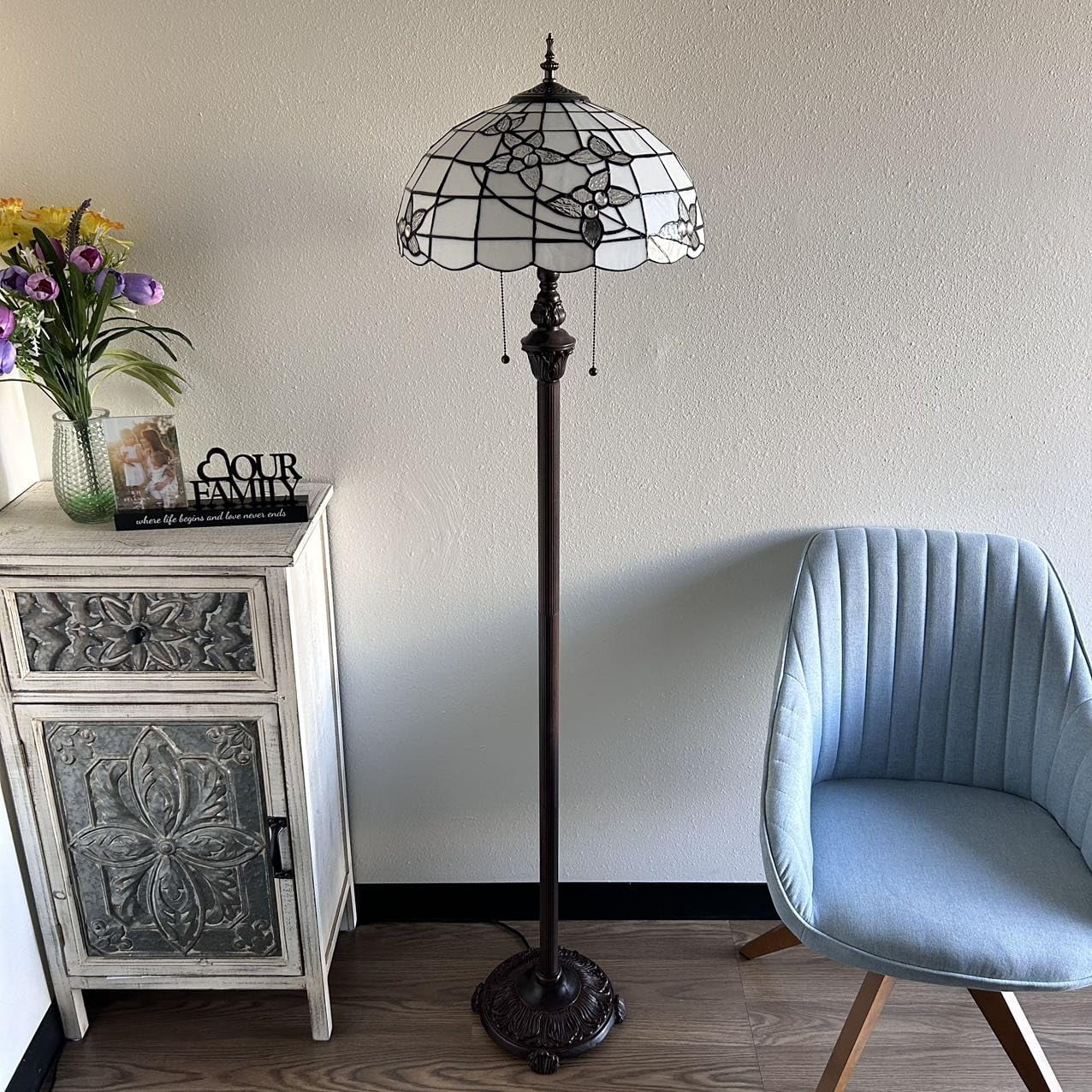 enjoy decor lamps Tiffany Floor Lamp White Stained Glass Flowers for Living Room Dining Room Bedroom Office Hotel 16"D*16"W*64" H