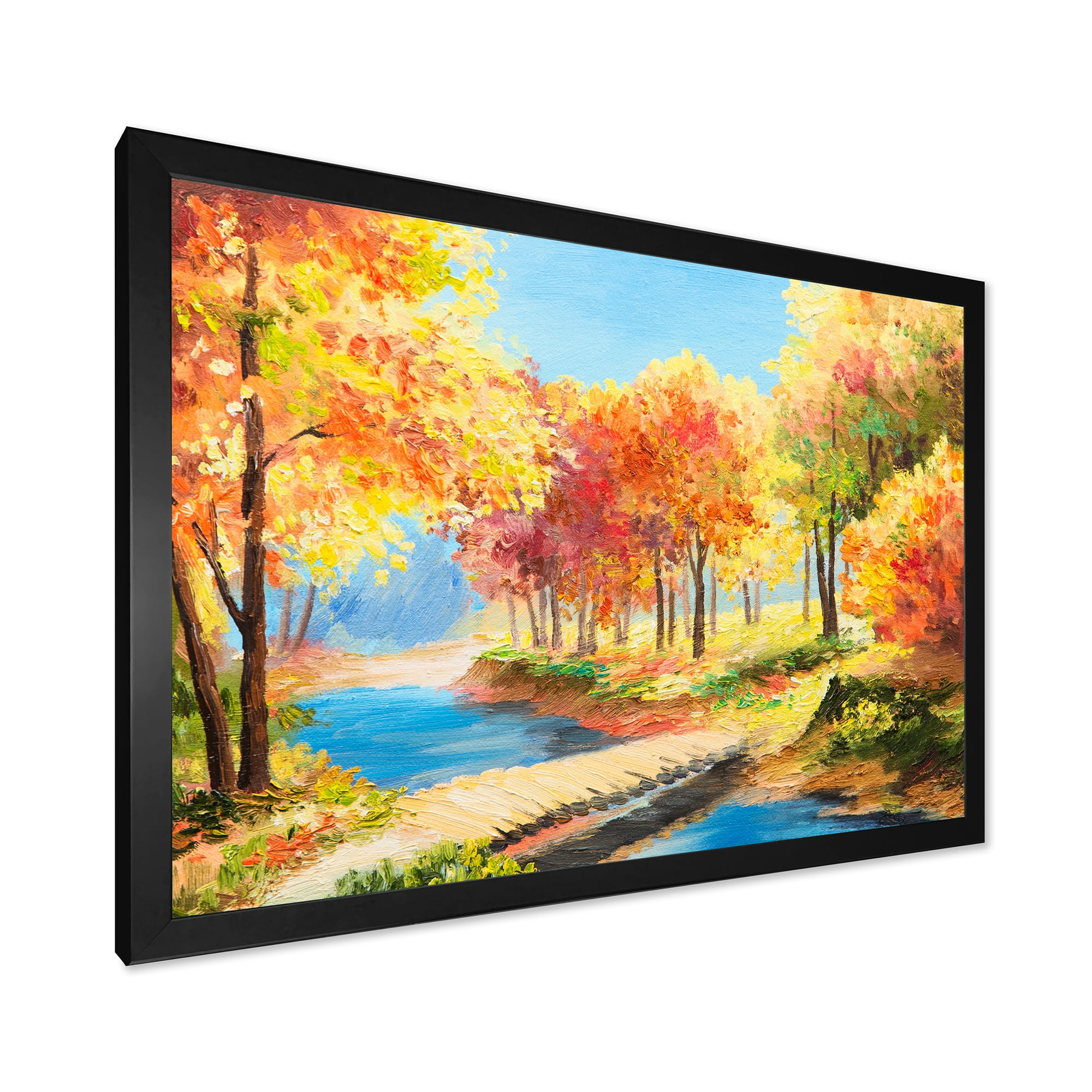 Designart 'Orange and Yellow Trees By The Riverside' Lake House Framed Art Print