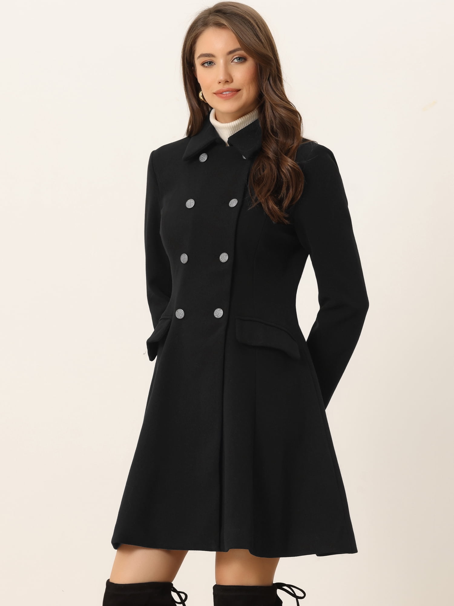 Unique Bargains Women's Single Breasted Button Velvet Contrast Collar Pea Coat XS Black
