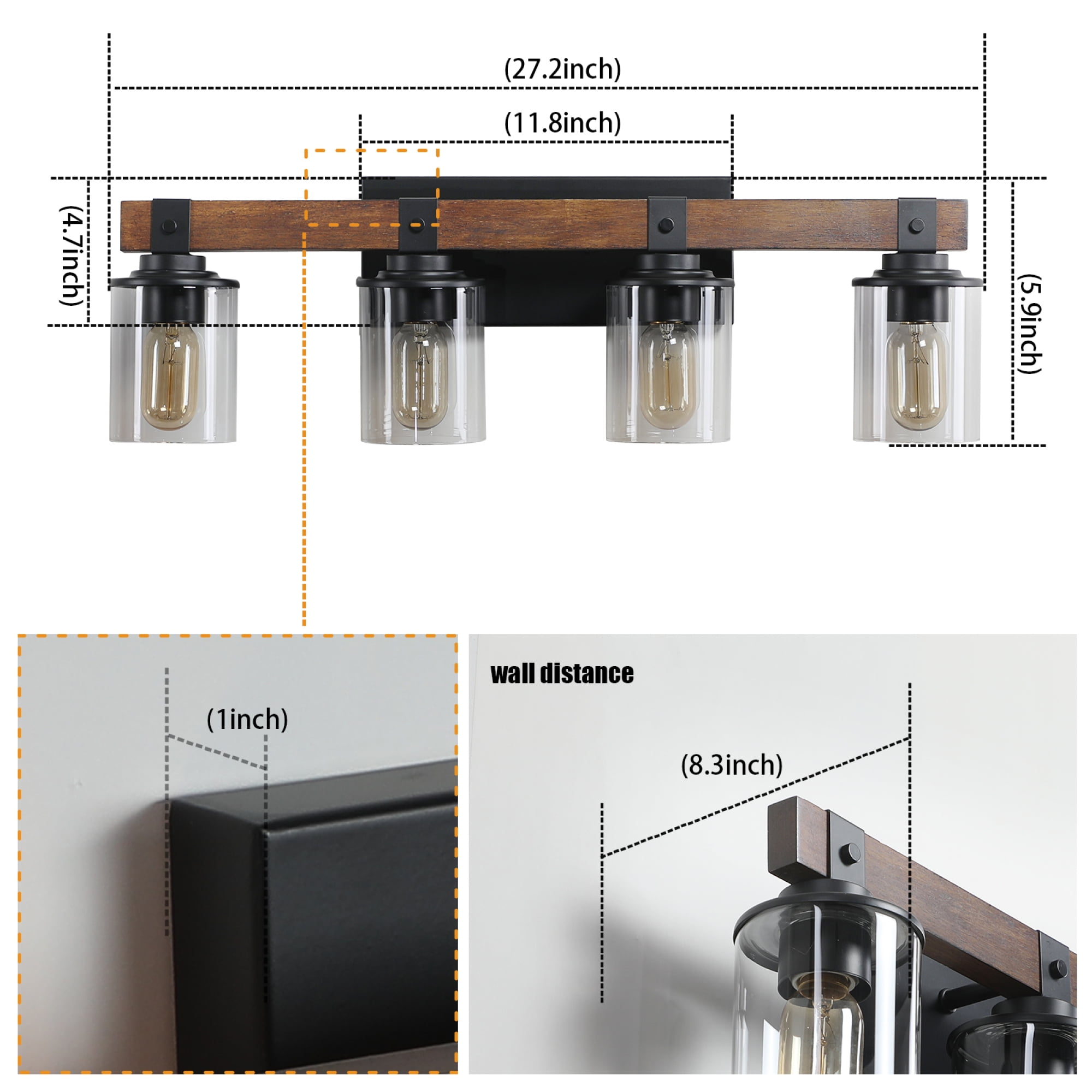 Jopath 27" Rustic 4-Light Vanity Light, Industrial Bathroom Wall Sconce with Glass Shades and Wood Accent, Modern Farmhouse Lighting Fixture for Bathroom, Bedroom, or Hallway(No Bulbs)