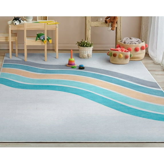 Well Woven Curved Rainbow Blue Multi 6' x 9' Apollo Kids Collection