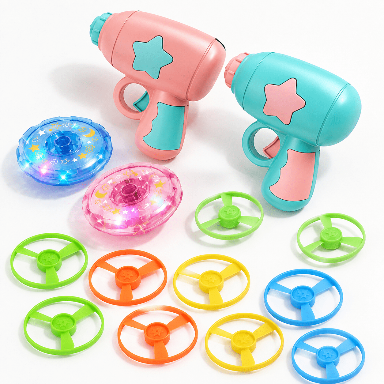 Interactive Cat Fetch Launcher Set with Colorful Flying Propellers and LED Spinning Tops