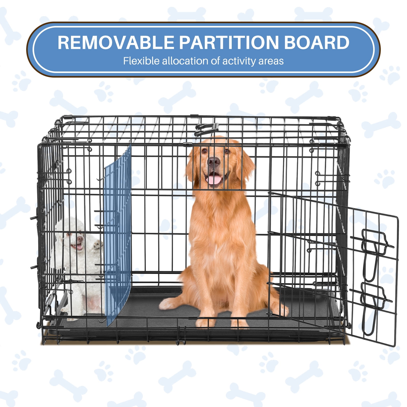 Dog Crate, 36" Folding Double-Door Metal Dog Cage with Divider and Leak-Proof Tray, Portable Pet Kennel for Medium Dogs, Indoor/Outdoor Use