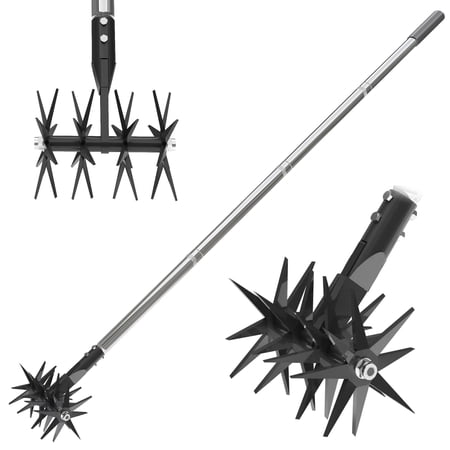 66in Rotary Cultivator With Tempered Spring Steel Tines And Adjustable Stainless Handle Manual Garden Tiller Tool For Loosening Soil Mixing Fertilizer