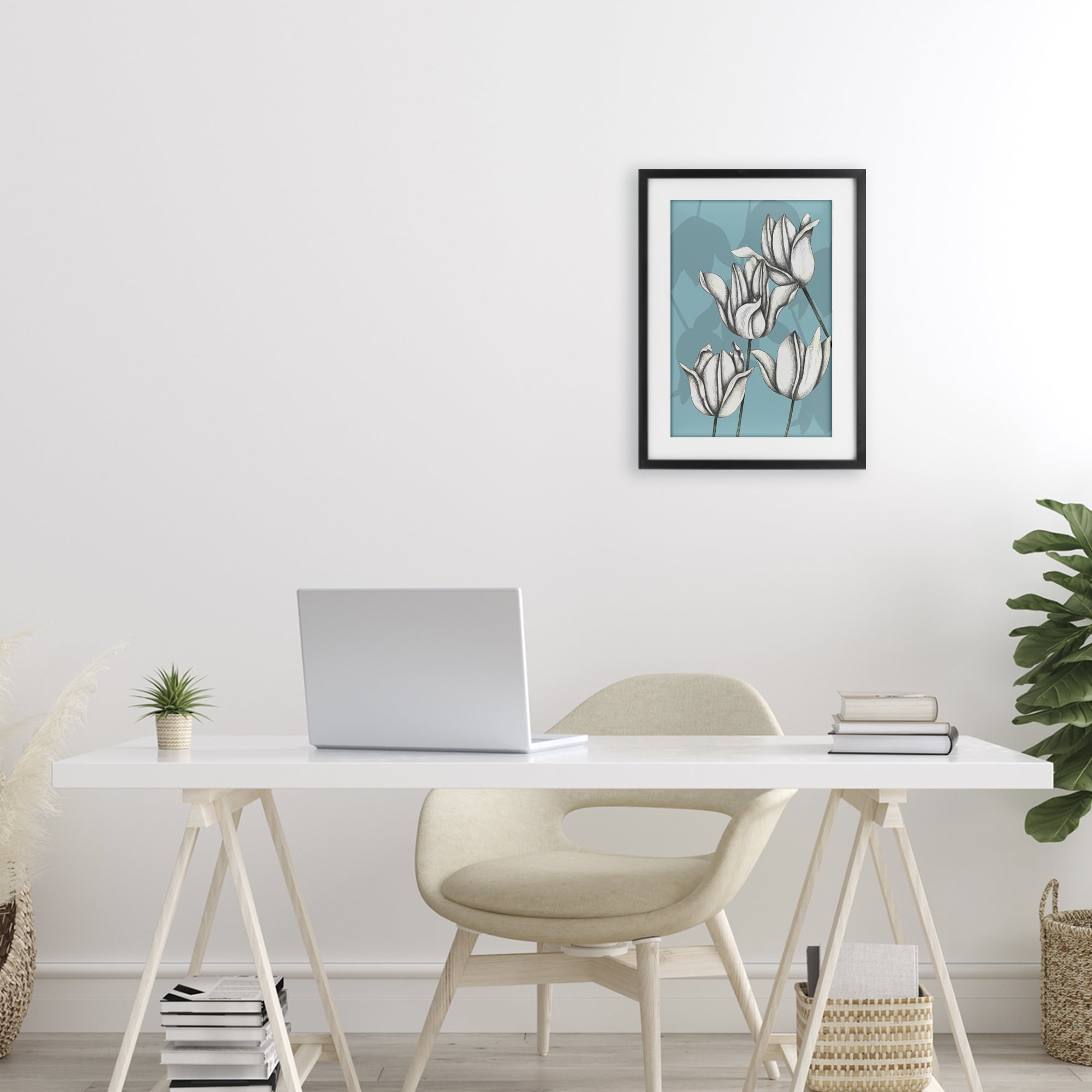 Sketched Tulips Keep Growing Black Framed Print Under Glass, design by Cecilia Battaini