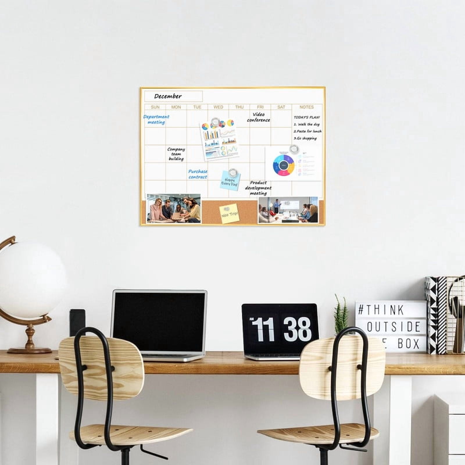 Dry Erase Calendar Whiteboard Cork Board Combo 24"x18" Magnetic White Board Calendar Dry Erase for Wall, Monthly Calendar Whiteboard Combination Board for Office Home, Gold Frame