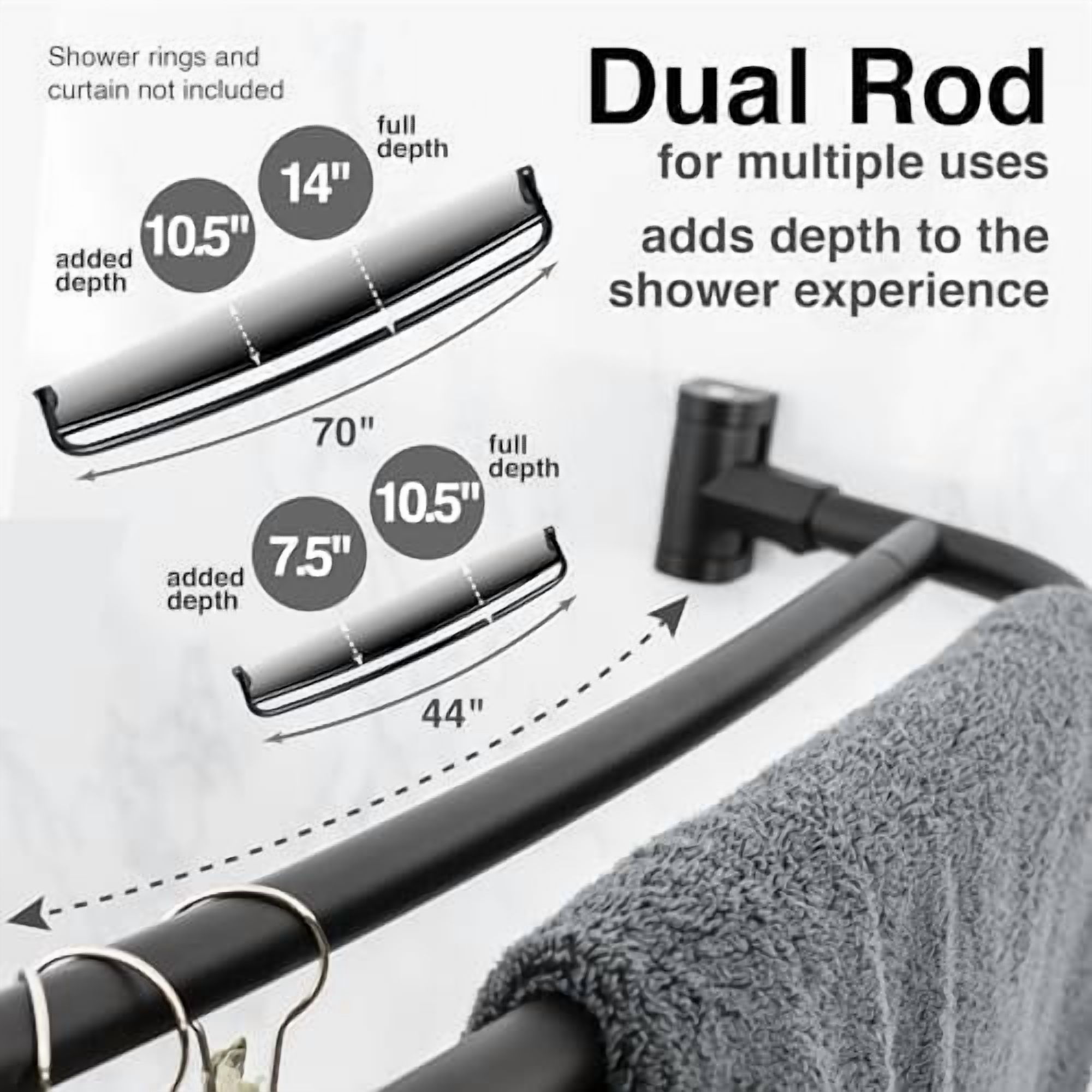 Double Curved Shower Rod, Metal Construction, Adjustable Between 44 to 70 Inches, Aluminum Rods and Zinc Mounting Hardware, Quality Modern Bathware, Black Finish