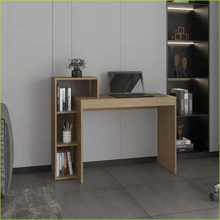 Desks: 43” Wide Writing Desk with 4 Shelves, Minimalist Style for Home Office, Gamer Use | Natural Oak | Particle Board