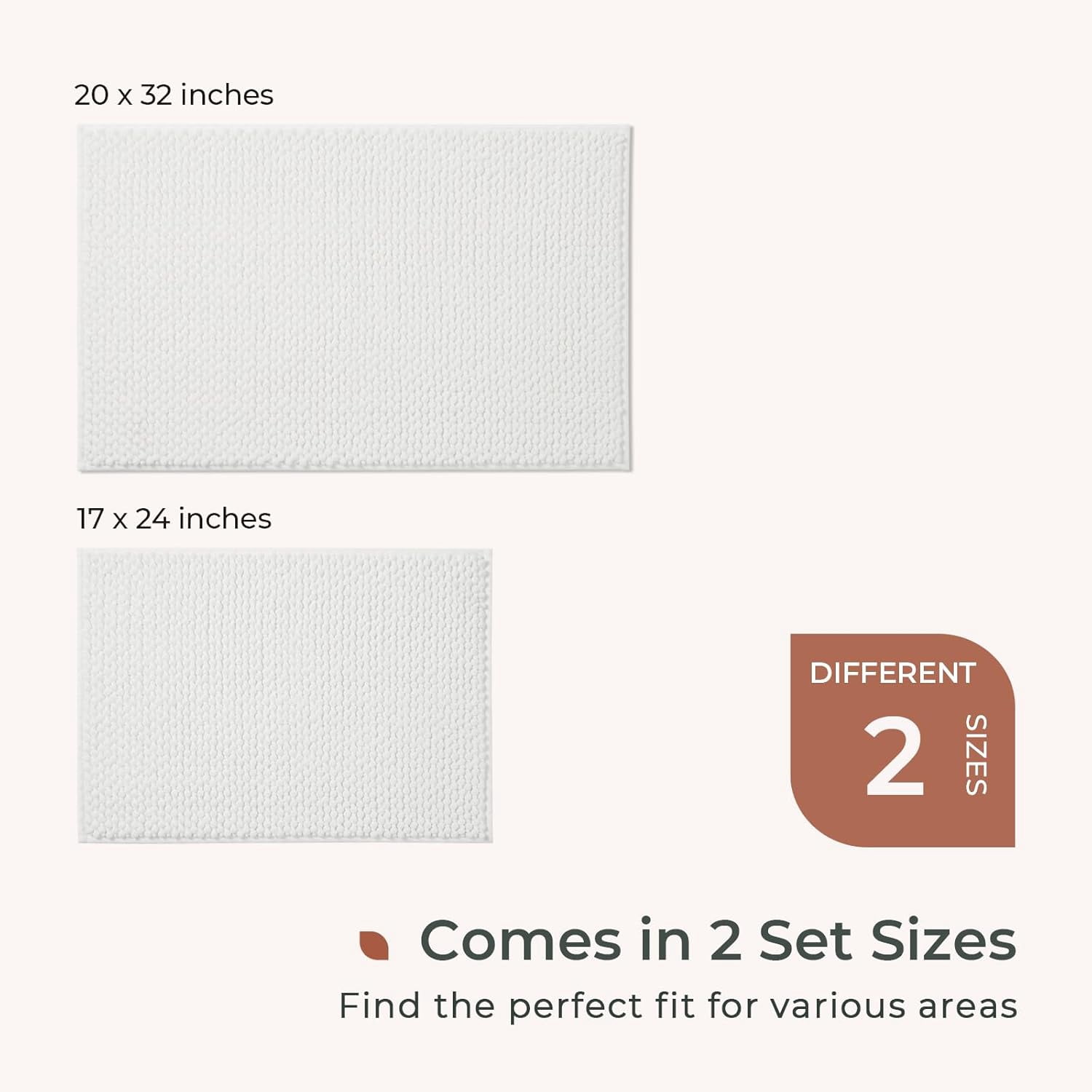 FRESHMINT Chenille Bathroom Rugs 2 Piece Set 17''x24''+20''x32'', Non-Slip & Absorbent Bath Mats, Washable Shower Floor Mat, White