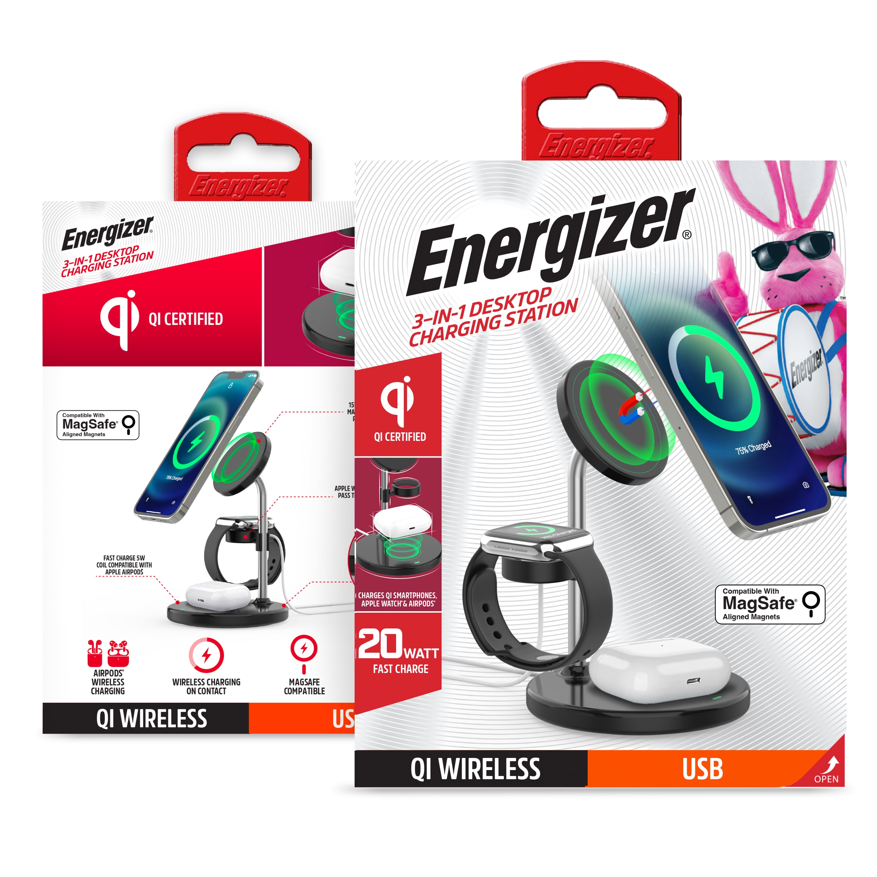 Energizer 3-in-1 Wireless Charging Station, 15W Fast Charging, Qi Compatible Phone, Earbuds & Smartwatch Stand, Black