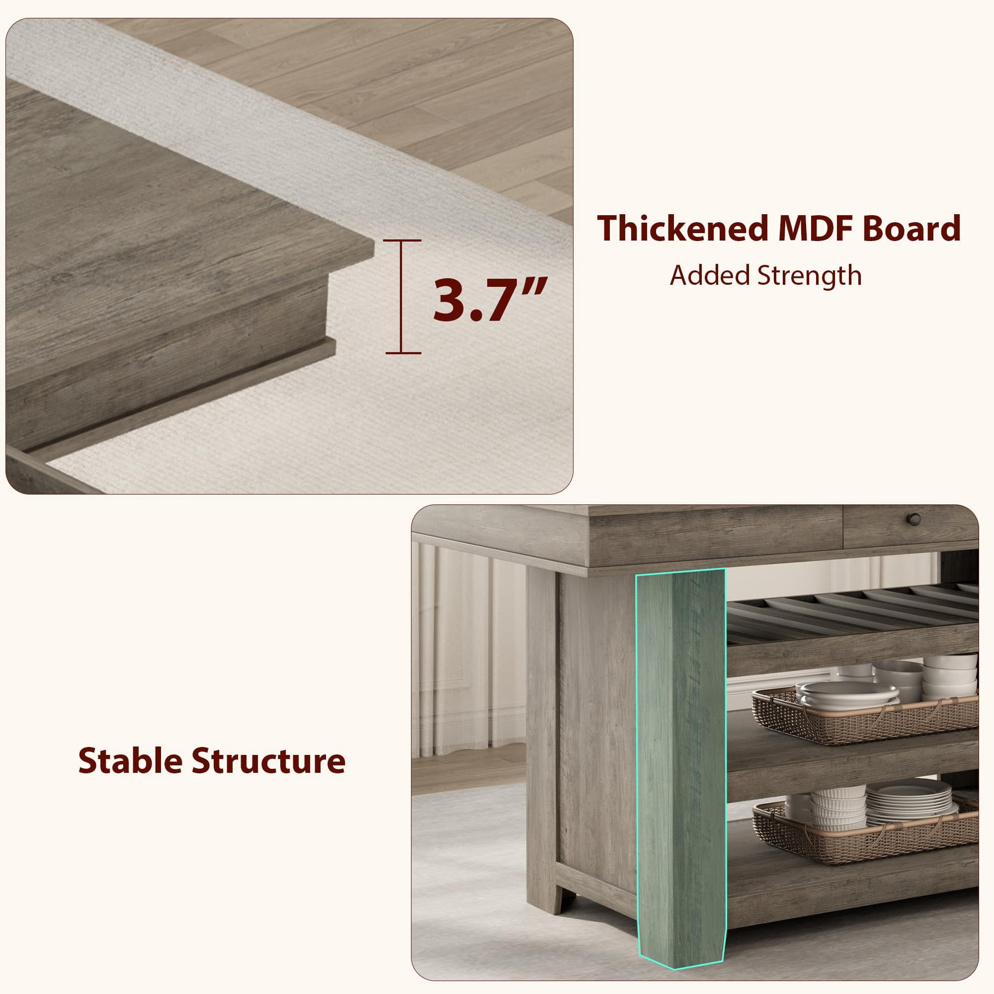 60" Counter Height Dining Table for 4, 36 in W Wood Bar Height Dining Room Table with 2 Drawer & Shelves, Deepened Wine Rack, Thick & Large Table Top for Kitchen, Bar, Rustic Gray