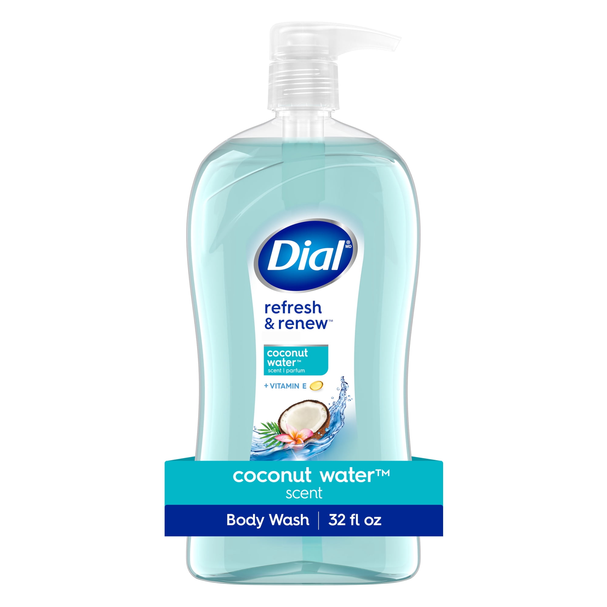 Dial Body Wash, Refresh & Renew Coconut Water, 32 Fl Oz, Hydraclean Complex & Vitamin E, Gentle, Leaves Skin Feeling Nourished, Dermatologist-Tested, No Parabens & Sulfates