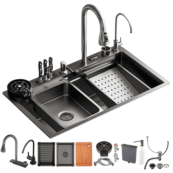 31.5 In Smart Waterfall Kitchen Sink with Temperature Display Faucet,Black Stainless Steel Drop In Single Bowl Sink,Topmount Workstation Bar Sink,with Knife Holder & Accessories